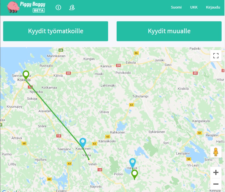 Karttaa voi tarkastella kirjautumattakin. Vihreät pisteet ovat käyttäjien syöttämien reittien lähtöpaikkoja ja siniset pisteet ovat määränpäitä. Reitit ilmaistaan linnuntietä, mutta tämä on järkevää, koska muuten päällekäiset samaa tietä kulkevat reitit näyttäisivät vain yhdeltä reitiltä. Katso löytyykö kartalta samoja lähtö- ja määränpääpaikkoja, joissa sinäkin kuljet. 